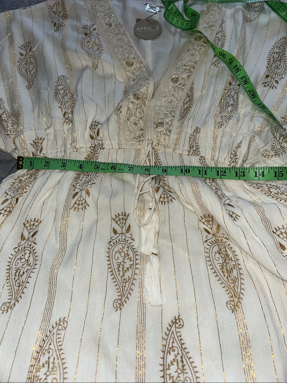 Sz M Apricot Cream Gold Foil Tassel Embroidered Sequin V-Neck Boho Midi Dress - Picture 9 of 10